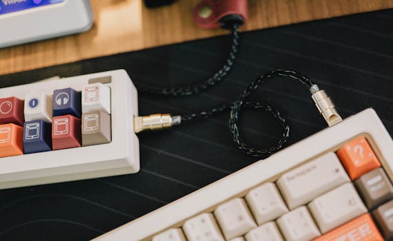 Colorful retro-style mechanical keyboard close-up with custom keycaps and coiled cable.