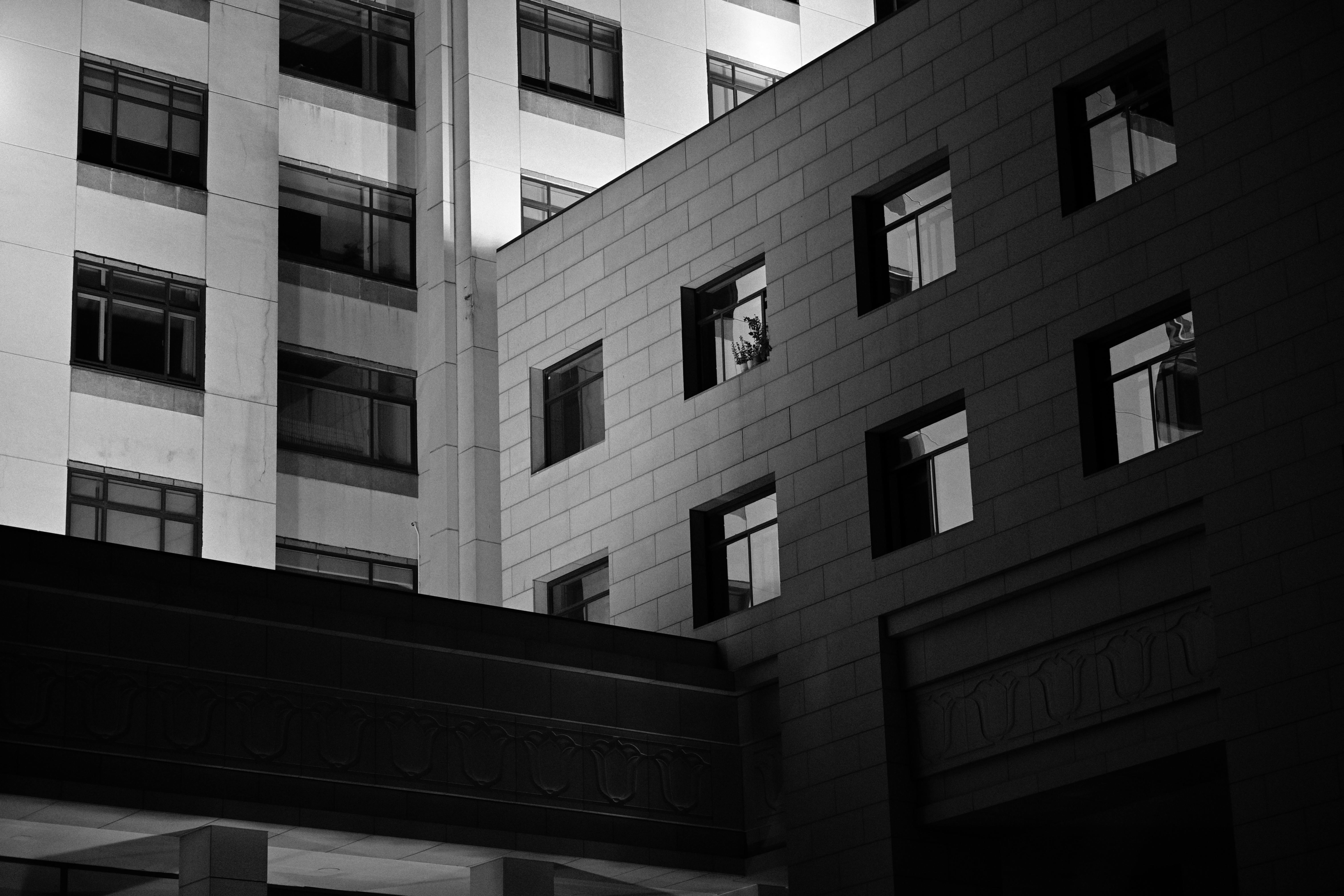 Zadarmo Monochromatický obraz modernej architektúry budov zachytený v noci. Fotka z fotobanky
