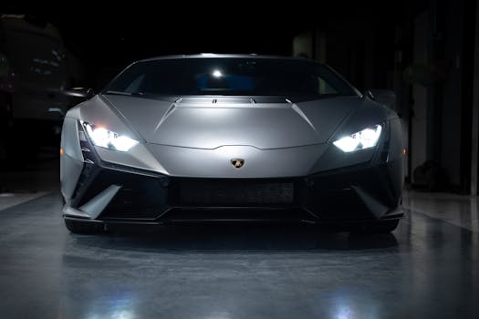 Front view of a silver sports car with headlights on in a dark garage setting.