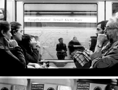 Group of people in Stuttgart metro station, captured in black and white.