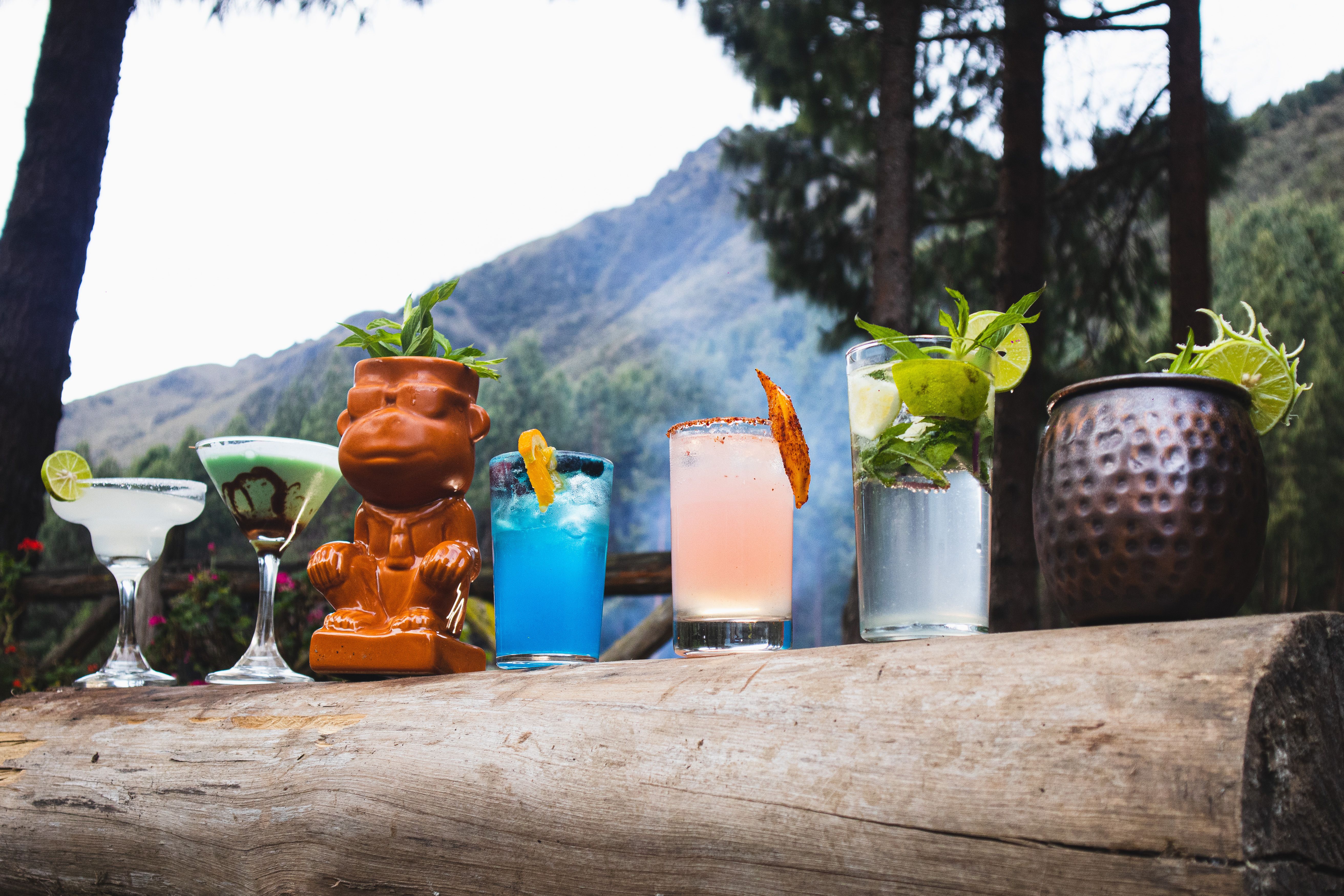 Colorful Cocktails Displayed Outdoors on Wooden Log · Free Stock Photo