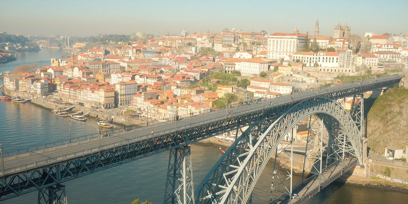 Aerial view of Porto Portugal and the Dom Luis I Bridge over the Douro River
