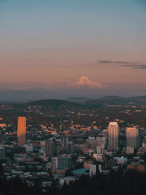 Aerial View of City Buildings Near Mountain