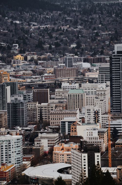 Free From above of modern city with district densely built up skyscrapers and contemporary buildings Stock Photo