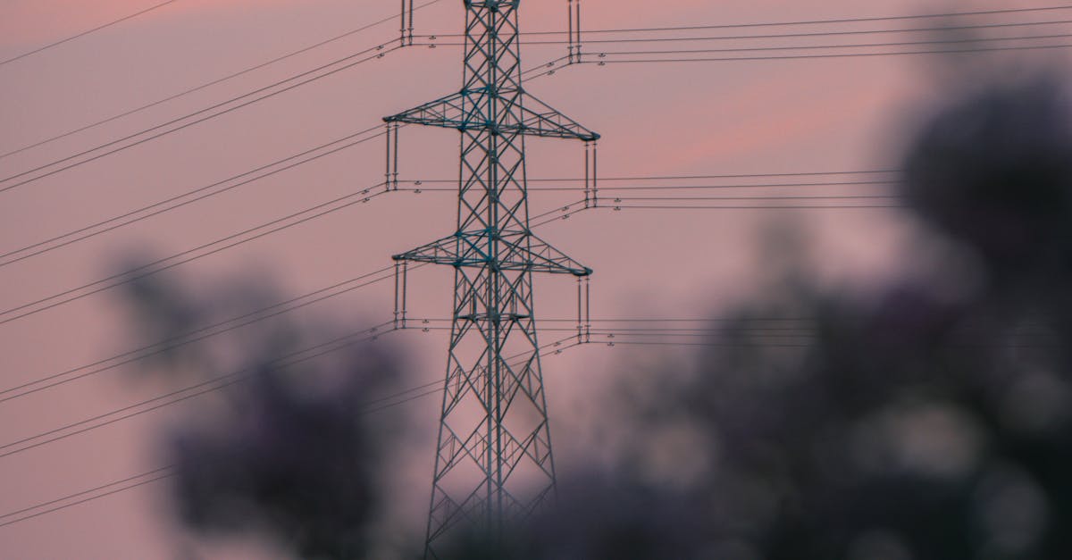 Photo by 余鑫磊 Silhouette of a power line tower with a sunset sky and blurred foreground foliage.