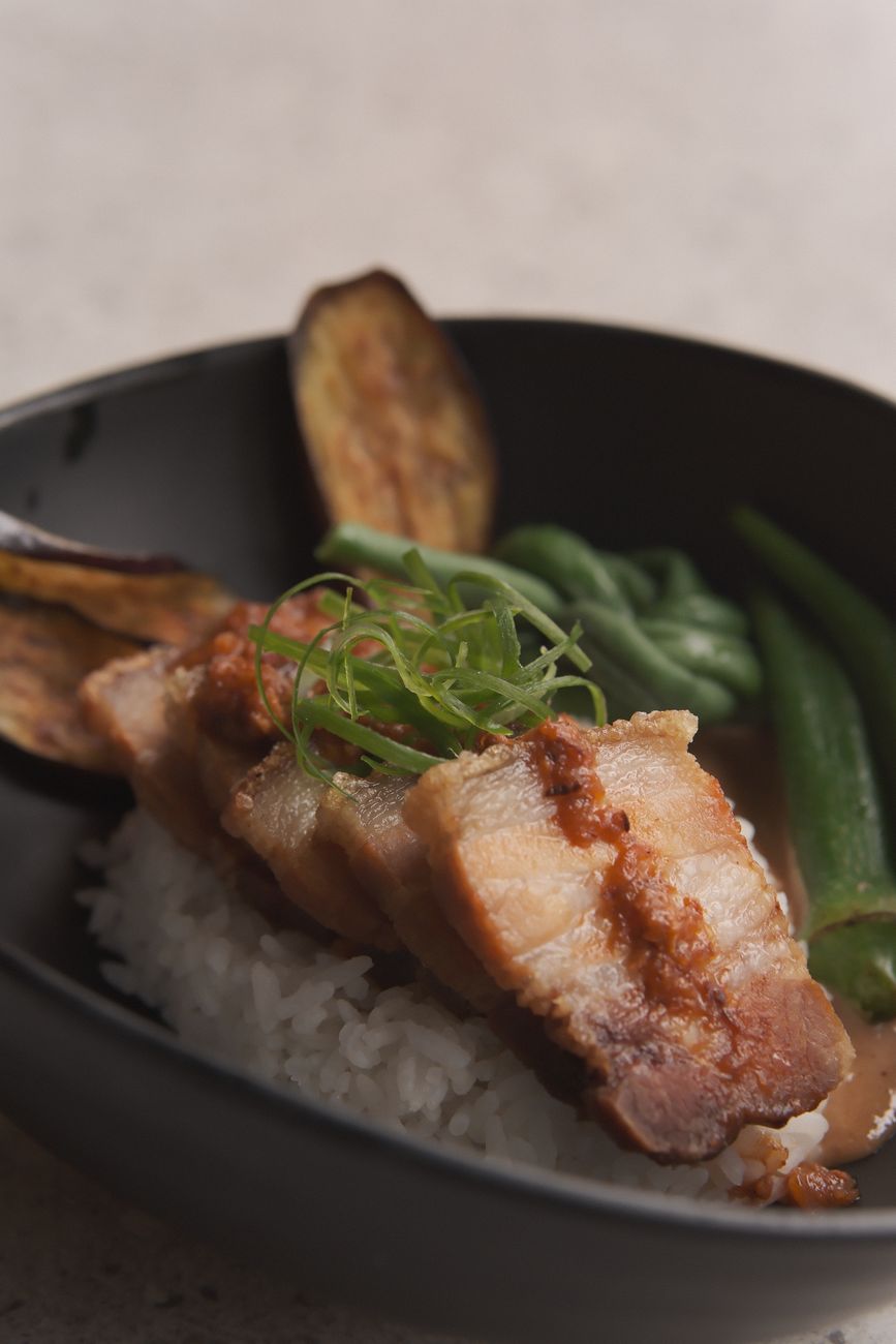 A white rice bowl filled with glazed pork belly in dark sauce over jasmine rice, topped with sliced scallions, chopped peanuts, and julienned cucumber