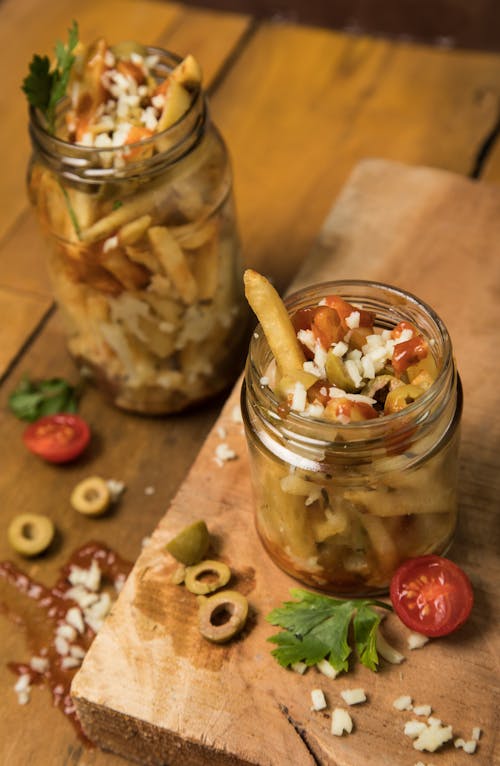 Free stock photo of foodphotography, french fries, glass jar