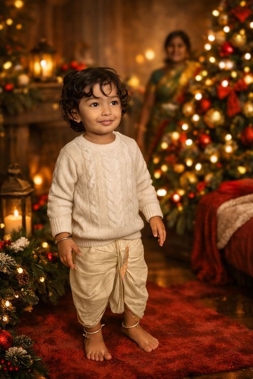 Free Charming toddler in festive attire stands near a decorated Christmas tree, exuding joy. Stock Photo