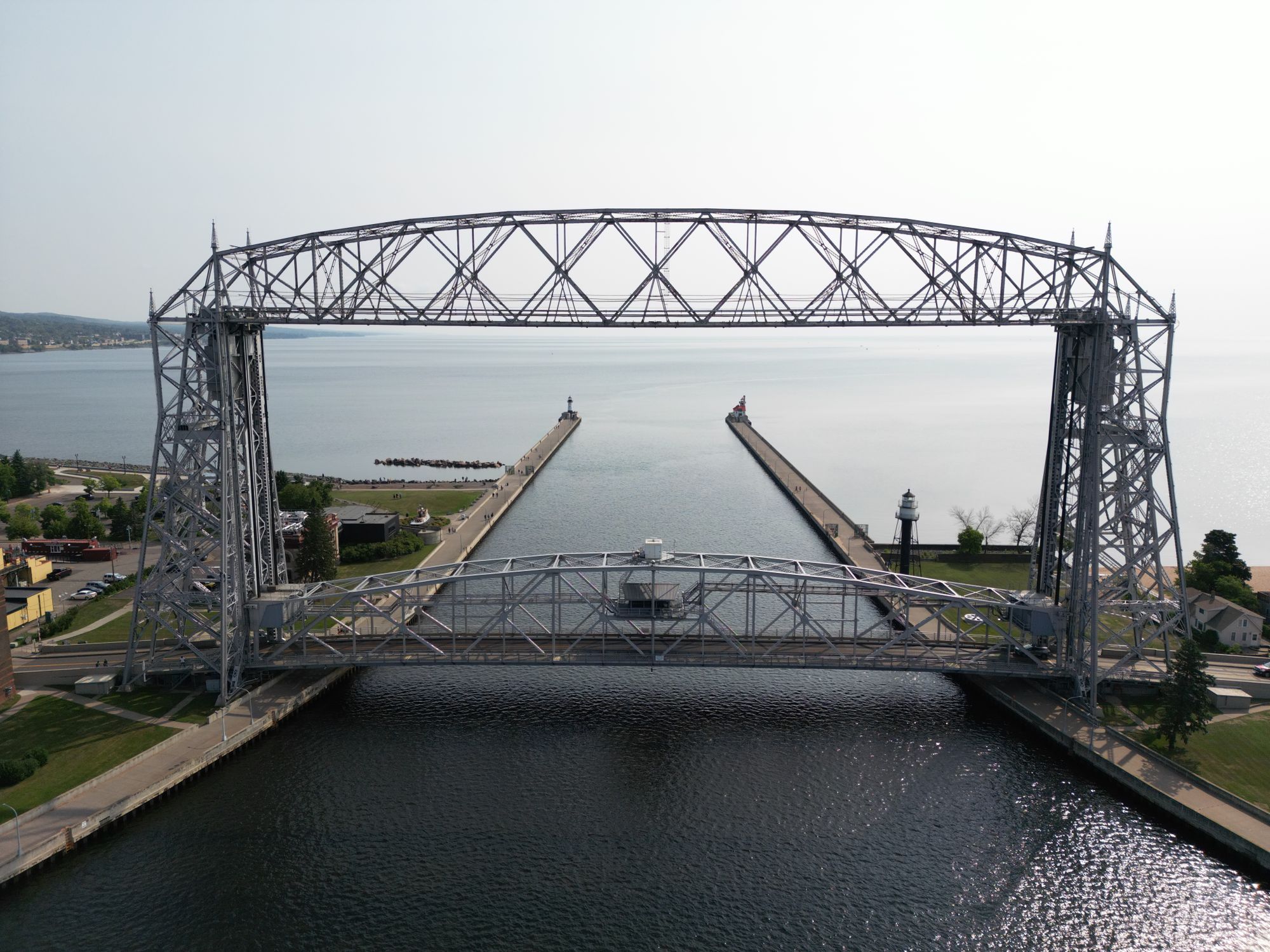 Aerial view of the iconic Aerial Lift Bridge in Duluth, overlooking Lake Superior.