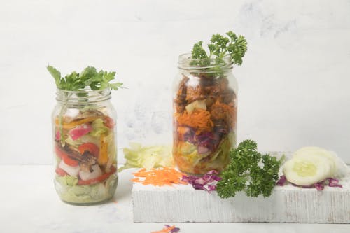 Free stock photo of foodphotography, fresh vegetables, glass jar
