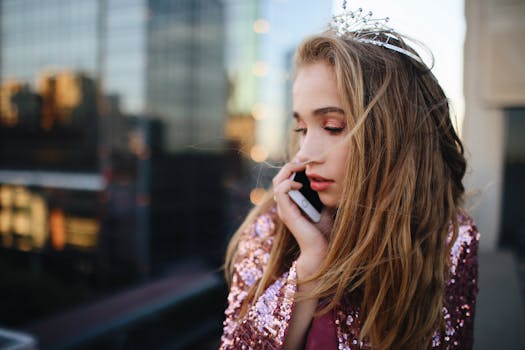 A young woman in a sequin jacket and tiara talks on her smartphone.