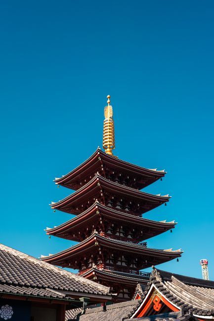 Explore the architectural beauty of the iconic pagoda in Senso-ji Temple, Tokyo under a clear blue sky.