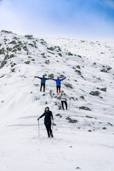 Four skiers on a snow-covered mountain, showcasing winter adventure and excitement.