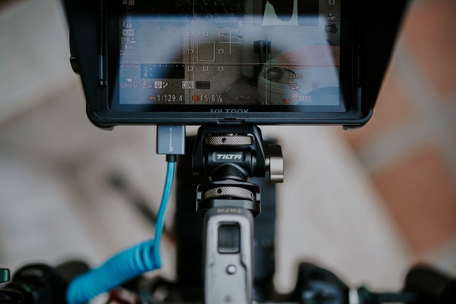 Why Generic YouTube Descriptions Fail—What Ranks Close-up of a camera setup with a Viltrox monitor screen displaying settings and footage, emphasizing digital filmmaking tools.