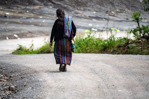 Free A woman in traditional Guatemalan attire walks on a rural path, showcasing cultural and natural beauty. Stock Photo
