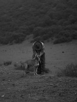 A farmer in a wide-brim hat bonding with his dog in a rural landscape.