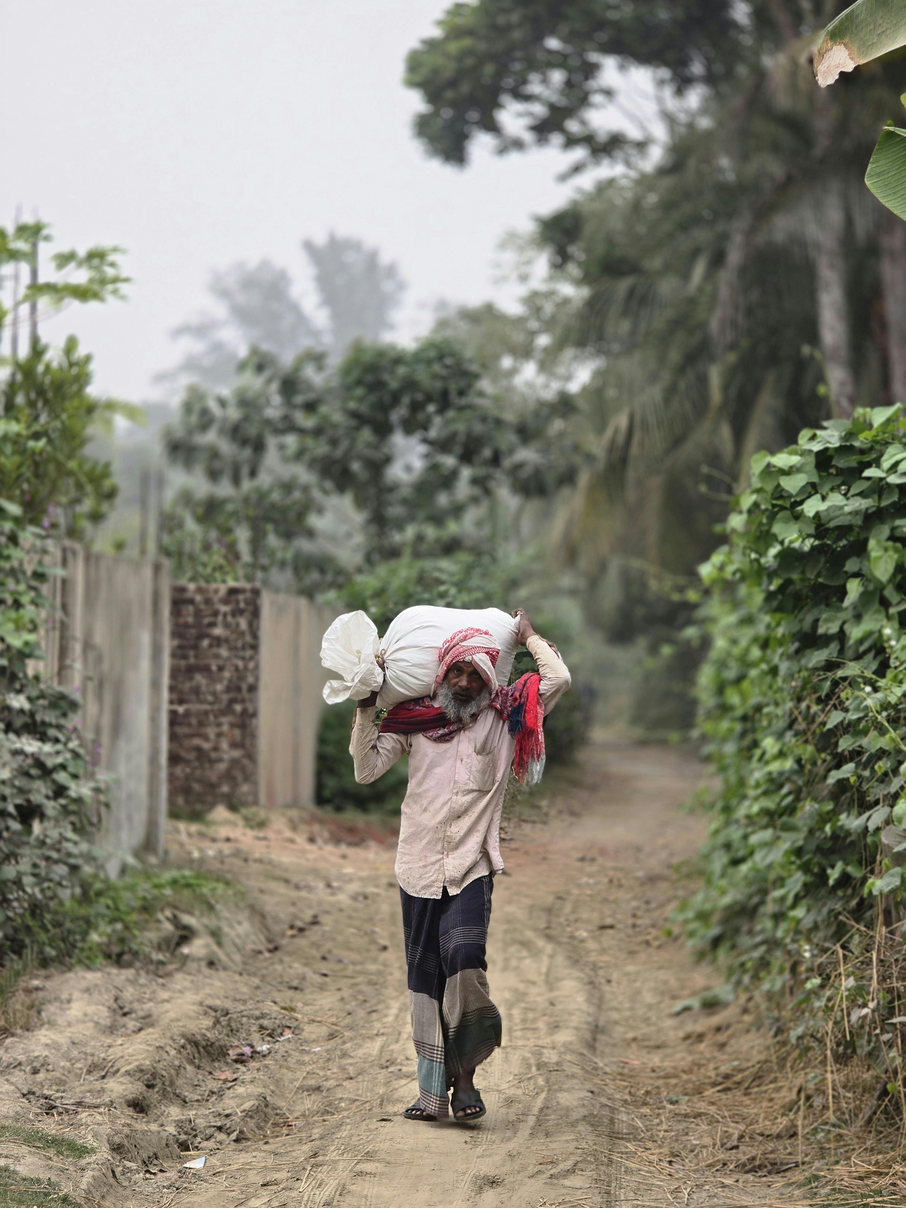 Gratis En mann på landet går på en grusvei med en byrde på hodet, omgitt av frodig grøntområde. Arkivbilde