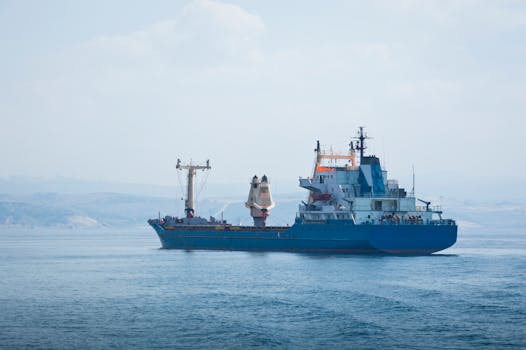 A large blue cargo container ship sails across the calm sea under a clear sky, symbolizing global trade.