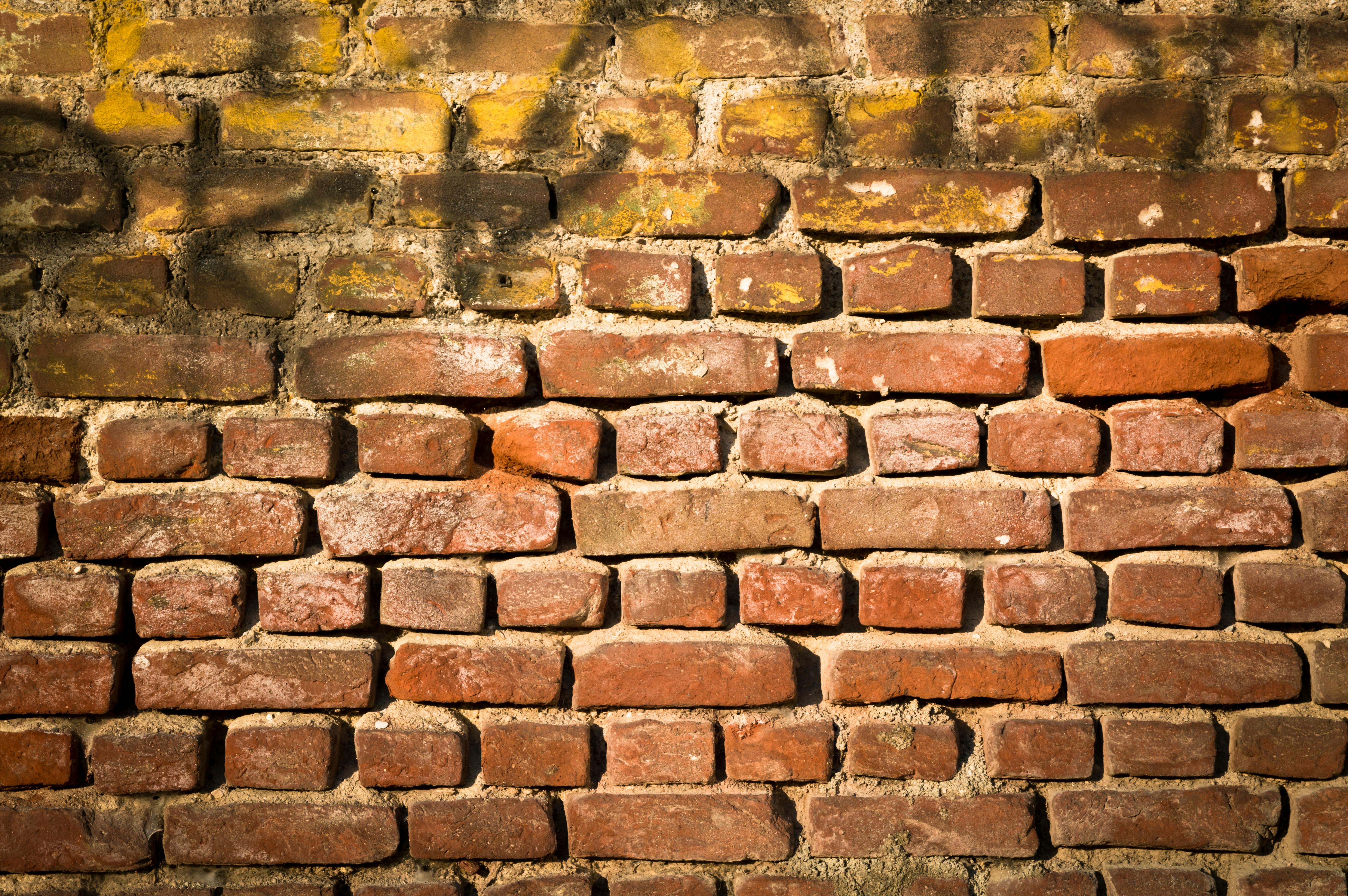 Kostenlos Nahaufnahme einer roten Backsteinmauer mit Texturen und Schatten, perfekt als Hintergrund. Stock-Foto