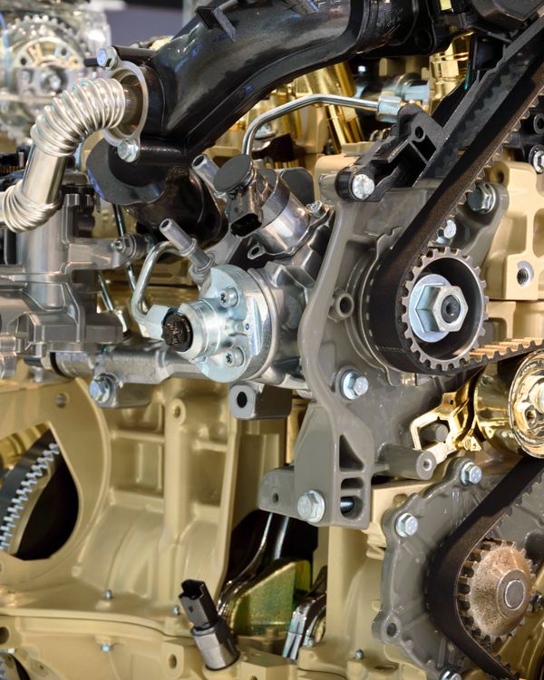 Detailed view of a modern car engine showcasing gears and mechanical components.
