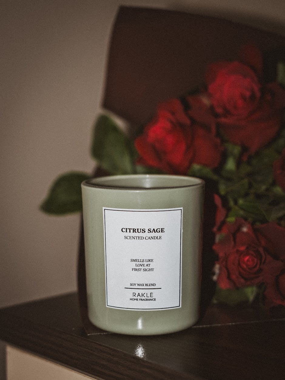 Cozy and romantic scene of a citrus sage scented candle with red roses in dim lighting.