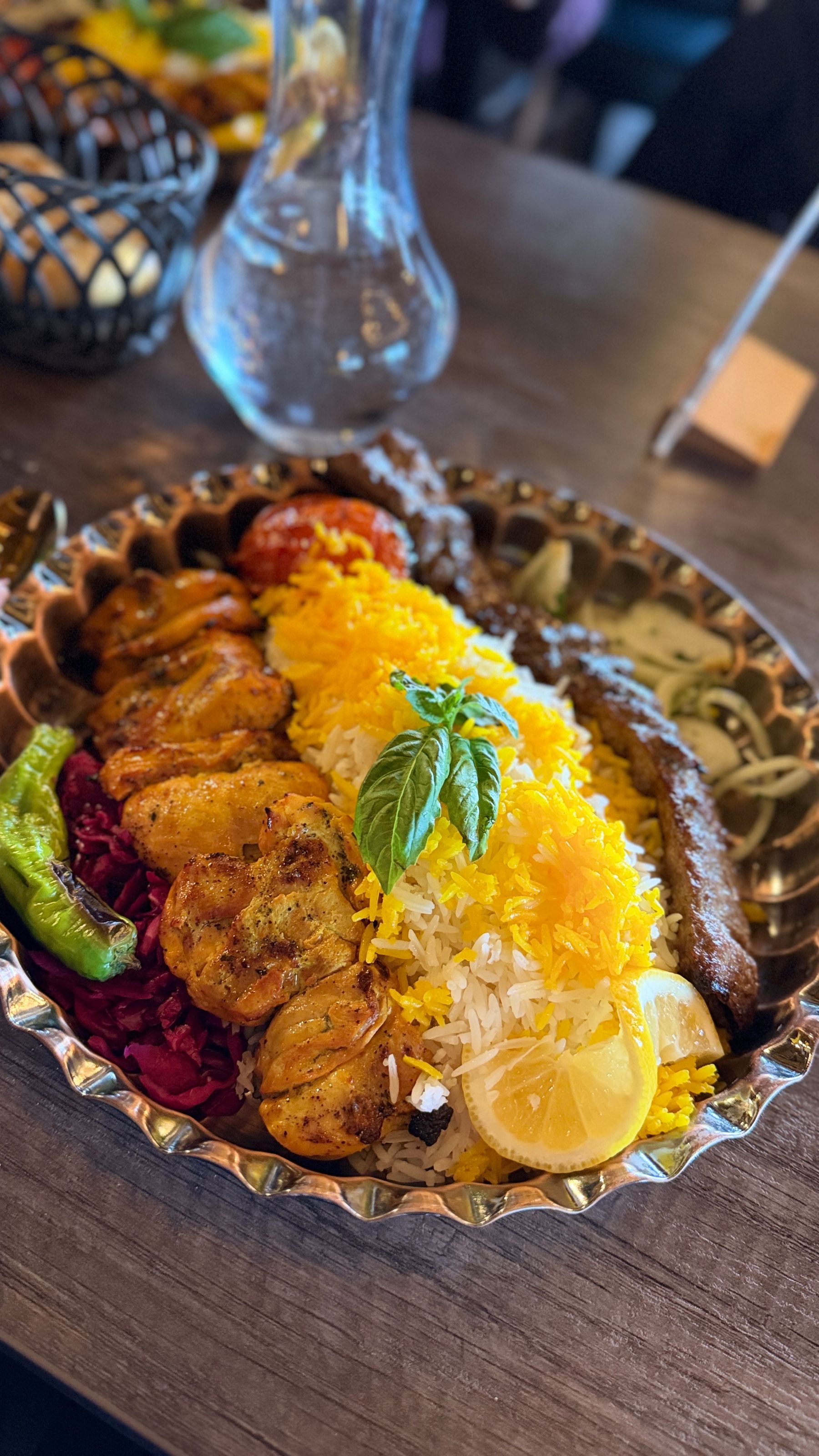 Large Middle Eastern platter with rice and grilled meats