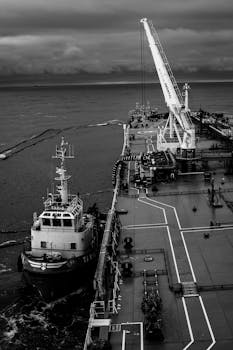 Aerial view of a cargo ship docked at an ocean terminal in monochrome tones.