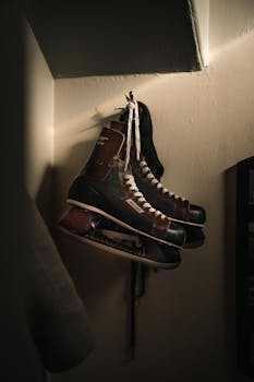 A pair of vintage ice hockey skates hanging inside, evoking nostalgia.