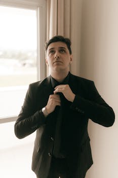 Young man in formal attire adjusting his tie by a window indoors.