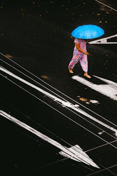 Aerial view of woman holding a blue umbrella walking across a wet road in vibrant attire.