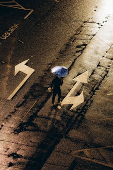 A person stands on a wet street holding a blue umbrella with directional arrows visible.