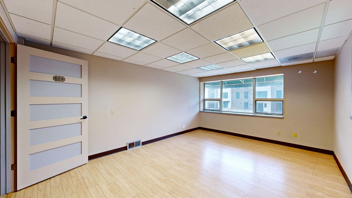 Modern office interior with wood-paneled reception after design renovation by Beyond Briks