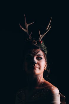 Woman with deer antlers makeup stands against black background, looking enigmatic.