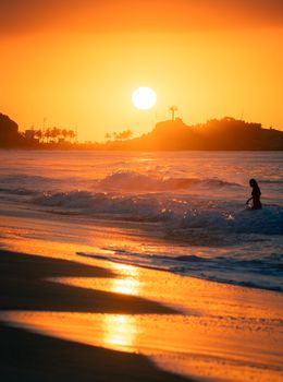 Dramatic golden sunset over a beach with silhouetted figure in the waves, palm trees in the distance.