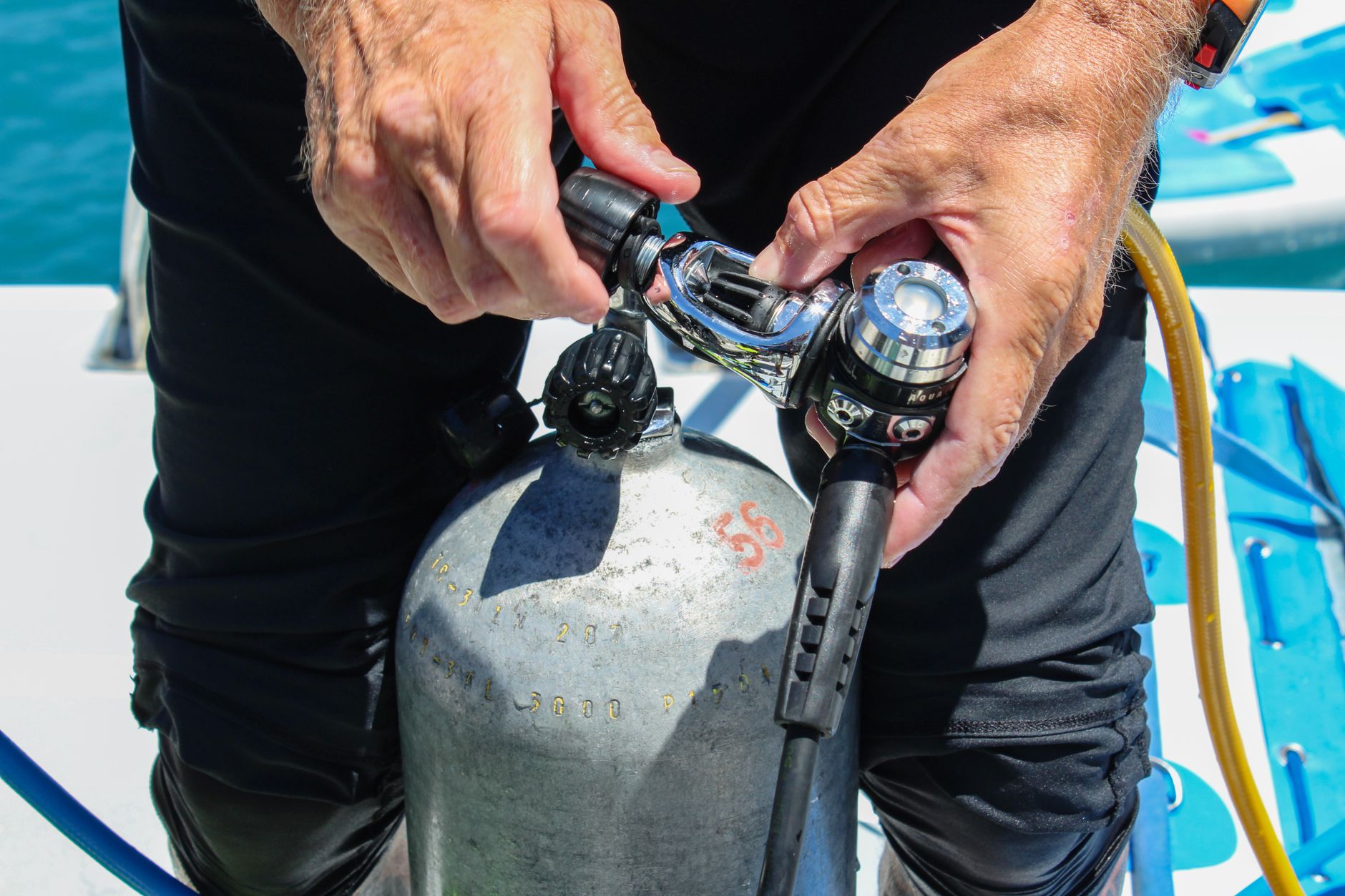 Close-up of scuba gear being prepared for a diving excursion in Fajardo, Puerto Rico.