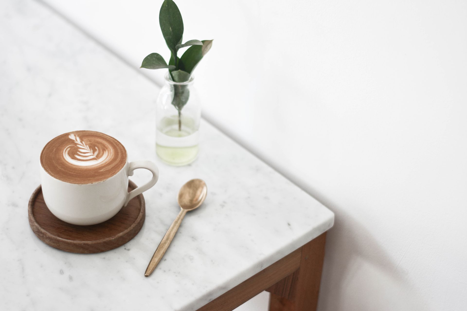 A cappuccino on a marble table with a plant and spoon, exuding a minimalist vibe.