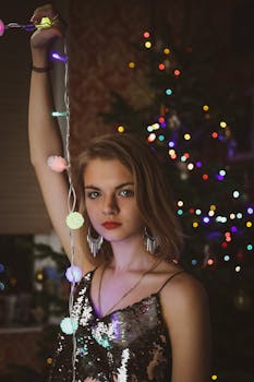在节日的氛围中，一位时尚的女人拿着灯串装饰圣诞树