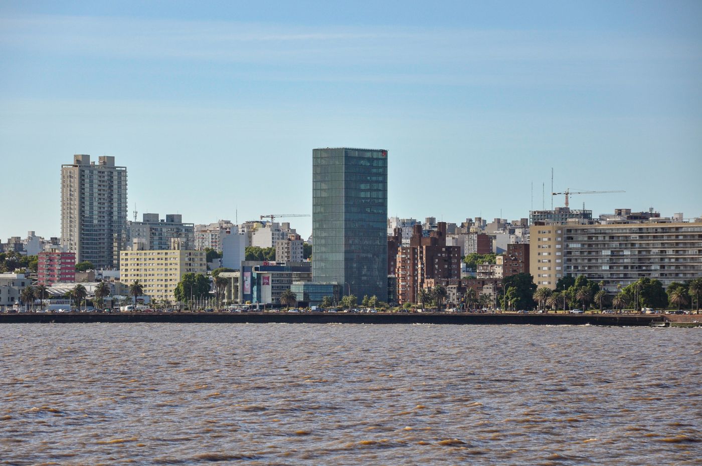 Montevideo, Uruguay skyline with modern buildings along the waterfront on the Rio de la Plata.
