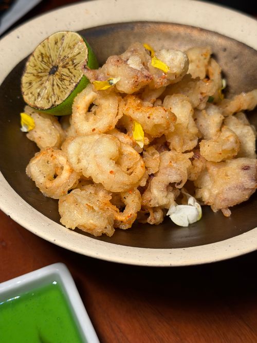 Free Crispy calamari garnished with lime, served with dipping sauce. Perfect appetizer. Stock Photo