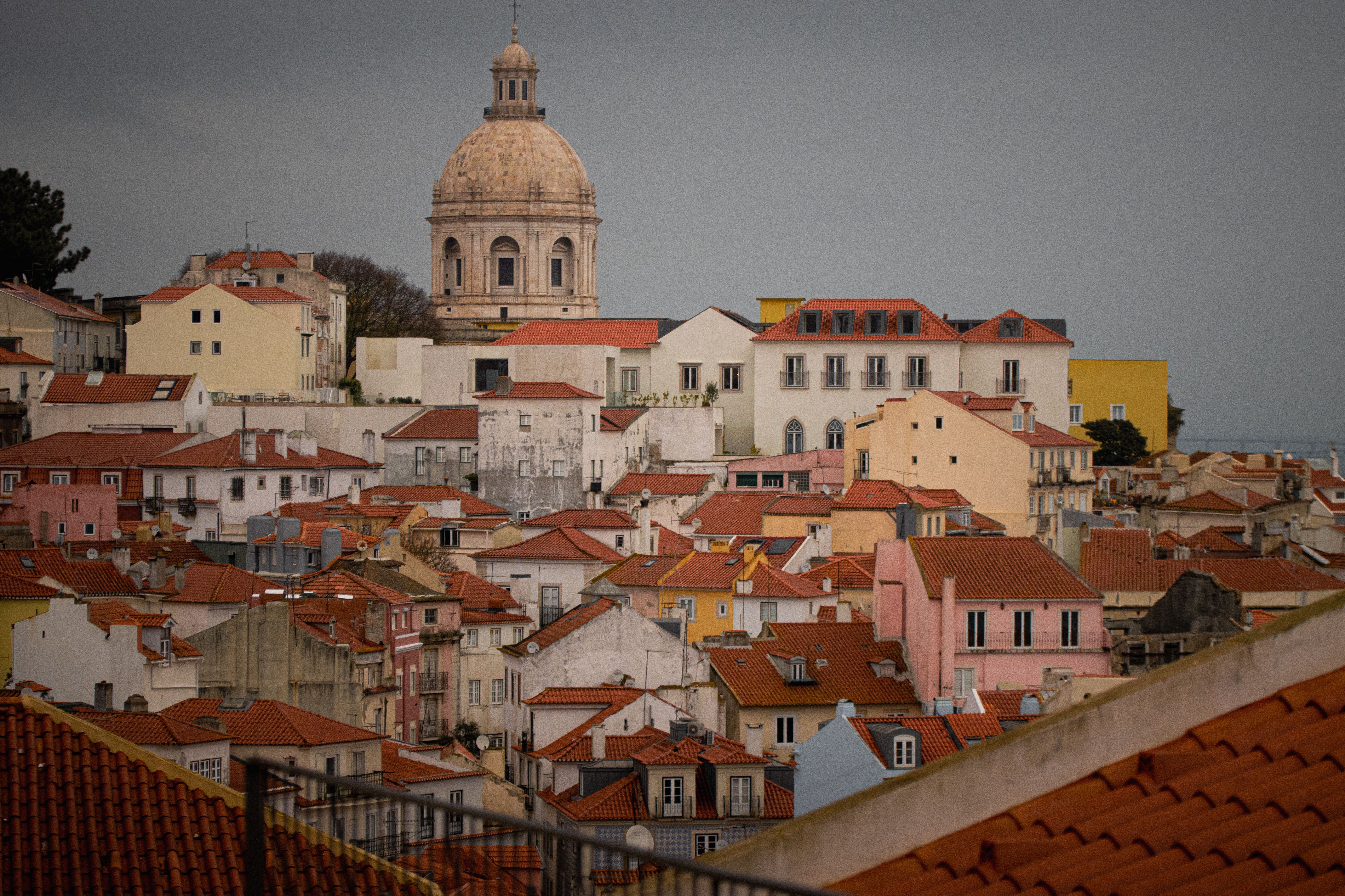 Lisbon cityscape with tram and colorful buildings