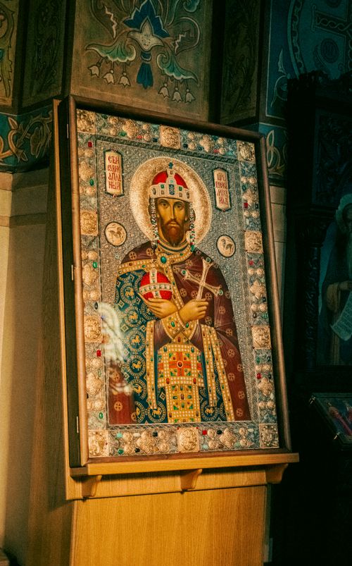 Free A detailed icon of an Orthodox Saint in a church in Varna, Bulgaria, illuminated softly indoors. Stock Photo