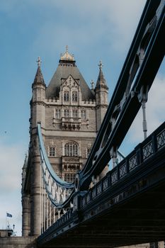 Iconic Tower Bridge in London captured from below against a clear blue sky.