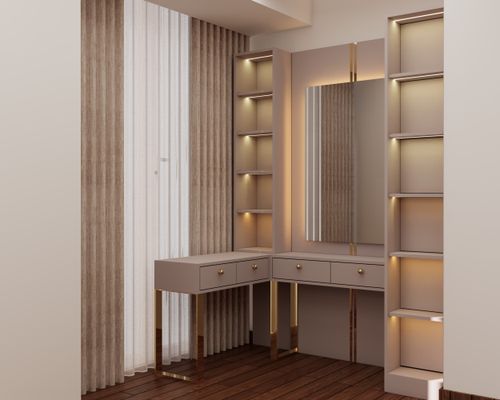 Free Luxurious beige dressing table with mirror and lighting in Dubai interior. Stock Photo