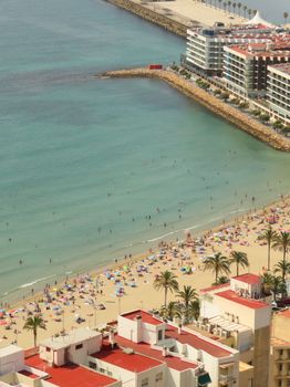 A stunning aerial view capturing the vibrant beach and coastline of Alicante, Spain.