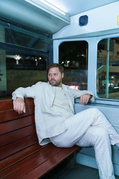 A man in white attire relaxing on a bus at night, showcasing urban lifestyle.