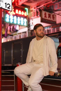 Man sitting on a railing in bustling neon-lit Asian city street at night.