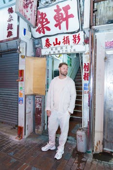 Man in white attire standing in a vibrant urban alley at night.