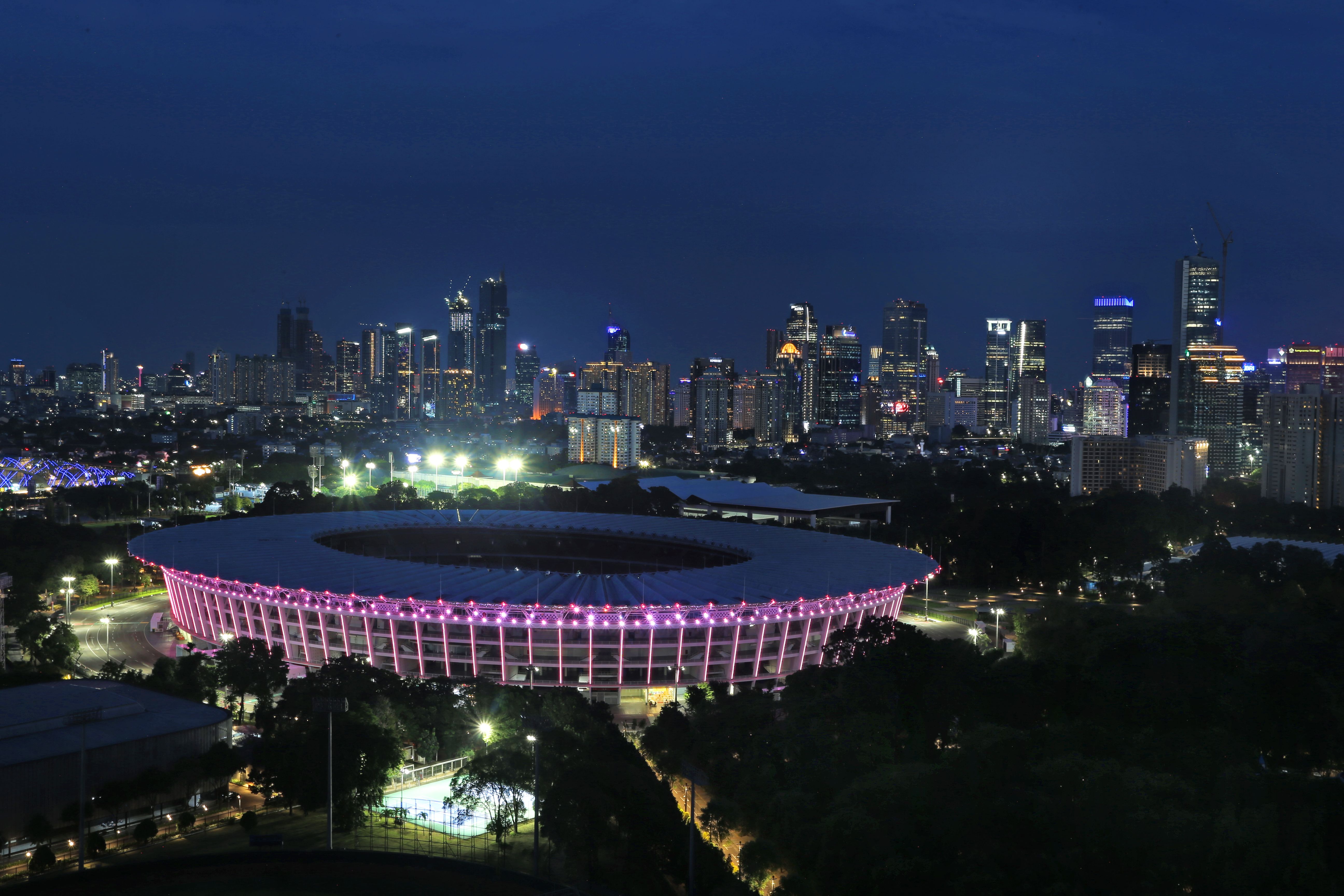 Night View of Jakarta Skyline with GBK Stadium