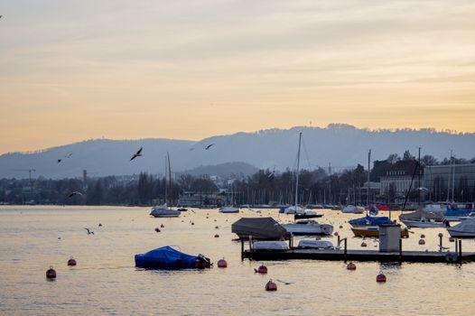 Tranquil sunset view over Lake Zurich with boats and distant hills, peaceful atmosphere.