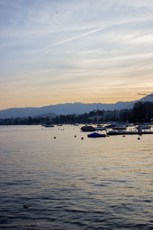 Free Peaceful sunset over Lake Zurich with boats docked along the shoreline, creating a serene atmosphere. Stock Photo